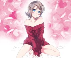 Rule 34 | 1girl, bare shoulders, barefoot, bed sheet, blue eyes, blush, collarbone, feathers, grey hair, heart, heart background, highres, long sleeves, looking at viewer, love live!, love live! sunshine!!, no pants, off-shoulder, off-shoulder sweater, panties, photo-referenced, pink background, red sweater, saitou shuka, voice actor connection, short hair, sitting, sleeves past wrists, solo, sweater, underwear, watanabe you, white panties, zero-theme