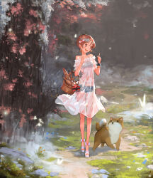 Rule 34 | 1girl, absurdres, animal nose, baguette, bare legs, basket, black eyes, blue shorts, blush, bow, bracelet, bread, brown hair, bug, butterfly, commentary, crop top, dog, dress, english commentary, flat chest, flower, food, full body, glowing butterfly, grass, hair between eyes, hair bow, hands up, heart, highres, holding, holding basket, insect, jewelry, jung wonjo, looking at animal, looking down, open mouth, original, outdoors, pointing, red bow, see-through, see-through dress, shiba inu, short hair, short sleeves, shorts, shorts under dress, solo, standing, teeth, upper teeth only, white footwear