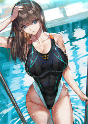 Rule 34 | 1girl, black one-piece swimsuit, blue eyes, breasts, brown hair, cleavage, collared shirt, commentary request, competition swimsuit, hand on own head, highleg, highleg swimsuit, highres, large breasts, long hair, looking at viewer, one-piece swimsuit, original, parted lips, pool, pool ladder, ran&#039;ou (tamago no kimi), shirt, solo, straight hair, swimsuit, water, wet, wet clothes, wet swimsuit