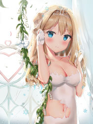 Rule 34 | 1girl, 3:, absurdres, bachibachi (tisen), bare shoulders, blonde hair, blue eyes, blush, breasts, cleavage, closed mouth, collarbone, commentary request, dress, flower, girls&#039; frontline, gloves, hair intakes, hand up, highres, leaf, lily of the valley, long hair, looking at viewer, medium breasts, navel, official alternate costume, plant, ribbon, snowflakes, solo, stomach, suomi (blissful mission) (girls&#039; frontline), suomi (girls&#039; frontline), tiara, torn clothes, torn dress, two side up, upper body, veil, vines, wedding dress, white dress, white flower, white gloves, white ribbon