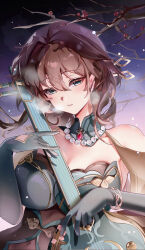 Rule 34 | 1girl, absurdres, aqua eyes, bead necklace, beads, bracelet, breasts, brooch, brown hair, commentary request, fangwan, gloves, head tilt, highres, holding, holding instrument, honkai: star rail, honkai (series), instrument, jewelry, large breasts, long hair, necklace, revision, ruan mei (honkai: star rail), solo, upper body