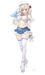 Rule 34 | 1girl, absurdres, alternate costume, armband, artist name, bare shoulders, belt, beret, blonde hair, blue eyes, blush, bracelet, braid, breasts, cleavage, commentary request, earrings, gloves, hand up, hat, high heels, high school fleet, highleg, highleg panties, highres, jewelry, layered skirt, long hair, looking at viewer, matsuda (matsukichi), medium breasts, midriff, miniskirt, navel, necklace, o-ring, o-ring belt, open mouth, panties, shiny skin, signature, simple background, skirt, sleeveless, smile, solo, stomach, thighhighs, thighs, underwear, wilhelmina braunschweig ingenohl friedeburg, zettai ryouiki