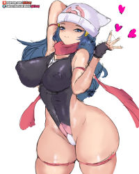 Rule 34 | 1girl, arm up, armband, bare shoulders, beanie, blue eyes, blue hair, bridal garter, covered erect nipples, creatures (company), curvy, dawn (pokemon), fingerless gloves, game freak, girlsay, gloves, groin, half-closed eyes, hat, highleg, highleg leotard, highres, leotard, long hair, looking at viewer, matching hair/eyes, naughty face, nintendo, pokemon, pokemon dppt, scarf, shiny skin, simple background, solo, standing, thick thighs, thighs, thong leotard, upper body, very long hair, watch, white background, wide hips, wristwatch