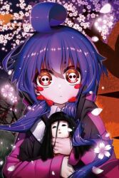 Rule 34 | 1girl, ahoge, blue hair, blush, cherry blossoms, closed mouth, dark gathering, flower, houzuki yayoi, long hair, looking at viewer, night, night sky, pink sweater, puppet, red eyes, serious, skull-shaped pupils, sky, sweater, symbol-shaped pupils, very long hair