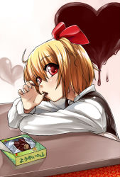 Rule 34 | 1girl, blonde hair, chocolate, embodiment of scarlet devil, face, female focus, fenne, finger in own mouth, finger to mouth, hair ribbon, head tilt, licking, licking finger, phenne, red eyes, ribbon, rumia, short hair, solo, takenoko no sato, thumb sucking, touhou