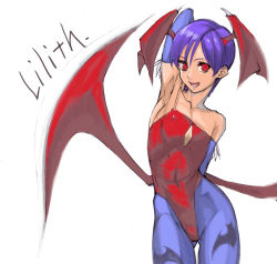 Rule 34 | 1girl, animal print, arm up, armpits, bare shoulders, bat print, character name, cleavage cutout, clothing cutout, cowboy shot, demon girl, flat chest, head wings, leotard, lilith aensland, low wings, pantyhose, print pantyhose, purple hair, purple pantyhose, red eyes, short hair, simple background, solo, tetsu (kimuchi), vampire (game), white background, wings