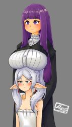 Rule 34 | alyrise, breast envy, breast rest, breasts, breasts on head, earrings, fern (sousou no frieren), frieren, green eyes, highres, jewelry, large breasts, long hair, monochrome background, pointy ears, pout, purple eyes, purple hair, robe, signature, small breasts, sousou no frieren, twintails