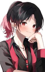 Rule 34 | 1girl, black hair, black jacket, black shirt, commentary request, dow suitable, earrings, elbow rest, gradient hair, hand on own cheek, hand on own face, highres, jacket, jewelry, kisaragi ren (vtuber), looking at viewer, multicolored hair, necktie, parted bangs, ponytail, red eyes, red hair, red necktie, red vest, shirt, simple background, single earring, smile, solo, vest, virtual youtuber, vspo!, white background