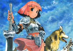 Rule 34 | 1girl, armor, cloud, day, female focus, koban (times), lowres, mountain, outdoors, red hair, sky, smile, solo, sword, weapon, wind, wolf
