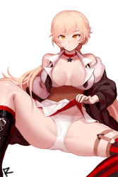 Rule 34 | 1girl, bare shoulders, blonde hair, boots, breasts, choker, cleavage, clothes lift, cross-laced footwear, fur-trimmed jacket, fur trim, girls&#039; frontline, jacket, lace-up boots, large breasts, lifted by self, long hair, open clothes, open shirt, ots-14 (girls&#039; frontline), panties, rizono zim, skirt, skirt lift, solo, spread legs, striped clothes, striped legwear, striped thighhighs, thighhighs, thighs, underwear, vertical-striped clothes, vertical-striped thighhighs, white background, white panties, yellow eyes