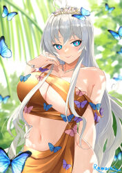Rule 34 | 1girl, ahoge, artist name, blue butterfly, blue eyes, blurry, blurry background, bracelet, breasts, bug, butterfly, cleavage, cleavage cutout, clothing cutout, collarbone, commission, gold dress, grey hair, heart, heart-shaped pupils, heart ahoge, highres, insect, jewelry, large breasts, long hair, mole, mole under mouth, navel, necklace, original, pink butterfly, pink pupils, ramachiru, single bare shoulder, skeb commission, solo, symbol-shaped pupils, tiara