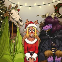 1other 2girls absurdres angusburgers animal_skull antlers antlers_through_headwear belt breasts buck_teeth chain christmas christmas_lights christmas_tree colored_skin costume deltarune dress equine_skull fake_horns hat highres hobby_horse horns indoors krampus kris_(deltarune) mari_lwyd multiple_girls noelle_holiday purple_skin red_dress reindeer_antlers reindeer_girl santa_dress santa_hat sharp_teeth susie_(deltarune) teeth