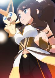 Rule 34 | 1girl, black shorts, blue eyes, breasts, brown hair, clenched hand, clothing cutout, commentary request, cowboy shot, creatures (company), fangs, from below, game freak, gen 5 pokemon, highres, hilda (pokemon), hilda (sygna suit) (pokemon), legendary pokemon, medium breasts, midriff peek, mythical pokemon, navel, navel cutout, nintendo, official alternate costume, open mouth, pokemon, pokemon (creature), pokemon masters ex, ponytail, shorts, v-shaped eyebrows, victini, yachi (fujiyasu0616)
