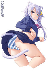 Rule 34 | 1girl, animal ears, black skirt, blue eyes, blue serafuku, blush, cameltoe, cat ears, cat tail, crescent, crescent hair ornament, cropped legs, ebifurya, hair ornament, highres, kantai collection, long hair, long sleeves, one-hour drawing challenge, open mouth, panties, pleated skirt, purple hair, school uniform, serafuku, short hair with long locks, simple background, skirt, solo, striped clothes, striped panties, tail, twitter username, underwear, white background, yayoi (kancolle)
