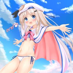 Rule 34 | 1girl, arms up, bat hair ornament, bikini, bikini under clothes, blue eyes, blush, brown hair, cloak, cloud, hair ornament, hairclip, hat, kud wafter, kudpoid (71139), little busters!, long hair, navel, noumi kudryavka, open cloak, open clothes, open mouth, outdoors, outstretched arms, side-tie bikini bottom, sky, smile, solo, stomach, swimsuit, thighs, white bikini, white cloak, white hat