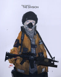 Rule 34 | 1girl, assault rifle, beanie, blue eyes, gas mask, grenade launcher, grey hair, gun, gun sling, hands in pockets, hat, jacket, laser sight, m4 carbine, mask, miv4t, original, respirator, rifle, science fiction, scope, short hair, simple background, solo, tom clancy&#039;s the division, underbarrel grenade launcher, weapon