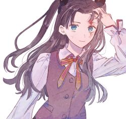 Rule 34 | 1girl, black ribbon, blood, blood on face, blue eyes, brown vest, collared shirt, commentary, fate/stay night, fate (series), forehead, hair ribbon, highres, homurahara academy school uniform, light smile, long hair, long sleeves, looking at viewer, machi (uqyjee), neck ribbon, parted bangs, red ribbon, ribbon, school uniform, shirt, solo, tohsaka rin, twintails, vest, white background, white shirt