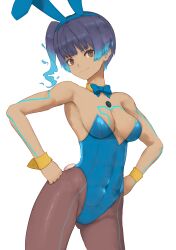 Rule 34 | 1girl, absurdres, alternate costume, animal ears, blue hair, blue leotard, blunt bangs, breasts, brown eyes, chest jewel, commentary request, covered navel, detached collar, fake animal ears, fiery hair, glowing lines, gluteal fold, hands on own hips, highleg, highres, leotard, looking at viewer, pantyhose, playboy bunny, rabbit ears, rabbit tail, sena (xenoblade), short hair, side ponytail, small breasts, smile, solo, strapless, strapless leotard, tail, wrist cuffs, xenoblade chronicles (series), xenoblade chronicles 3, zelc-face