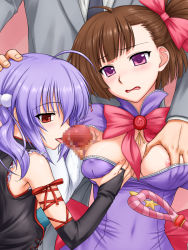 Rule 34 | 2girls, armpit sex, armpits, brown hair, censored, hand on head, highres, licking, multiple girls, oral, penis, purple hair, saliva, staff, sweat, tongue, tongue out