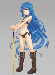 Rule 34 | 1girl, bare shoulders, black bra, black panties, blue hair, boots, bra, full body, grey background, hinanawi tenshi, kurione (zassou), long hair, looking at viewer, navel, open mouth, panties, red eyes, simple background, solo, stomach, sword of hisou, touhou, underwear, underwear only, very long hair