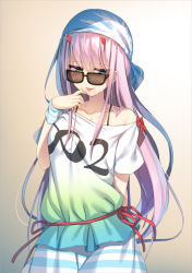 Rule 34 | 10s, 1girl, :p, arm behind back, bandana, bow, brown background, commentary request, darling in the franxx, gradient background, green eyes, highres, horns, long hair, looking to the side, olive (laai), pink hair, red bow, solo, sunglasses, tongue, tongue out, zero two (darling in the franxx)