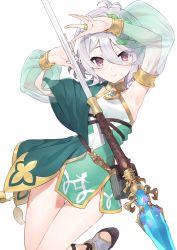 Rule 34 | 1girl, antenna hair, aqua dress, armpits, arms up, bare legs, belt, blush, brown footwear, closed mouth, detached sleeves, dress, elf, hair between eyes, hair ornament, hayashi kewi, holding, holding weapon, jewelry, kokkoro (princess connect!), leaf hair ornament, leg up, long sleeves, looking at viewer, pointy ears, polearm, pouch, princess connect!, purple eyes, ring, short dress, short hair, silver hair, simple background, smile, solo, spear, split mouth, star (sky), tassel, thigh gap, weapon, white background