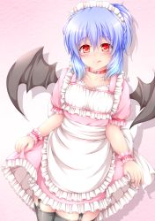 Rule 34 | 1girl, :p, absurdres, akkii (meragold), alternate costume, apron, bad id, bad pixiv id, bat wings, black thighhighs, blue hair, choker, dress, enmaided, female focus, frills, garter straps, highres, maid, maid apron, maid headdress, red eyes, remilia scarlet, short hair, smile, solo, thighhighs, tongue, tongue out, touhou, wings