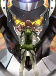 Rule 34 | 1girl, ass, bad id, bad twitter id, brown hair, clenched hand, eva 05, evangelion: 2.0 you can (not) advance, floating hair, from behind, glowing, hand on own hip, kdm (ke dama), makinami mari illustrious, mecha, neon genesis evangelion, pilot suit, plugsuit, rebuild of evangelion, robot, science fiction, solo focus, twintails, visor