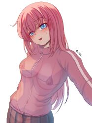 Rule 34 | 1girl, artist name, bikini, black bikini, blue eyes, blush, bocchi the rock!, bra visible through clothes, breasts, g-string, gotoh hitori, jacket, lingerie, long hair, medium breasts, niui (user afvr8485), open mouth, pink hair, pink jacket, pink track suit, see-through, side ahoge, simple background, smile, solo, swimsuit, thong, track jacket, underwear, white background