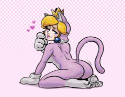 Rule 34 | 1girl, animal costume, animal ears, animal hands, ass, ass shake, blonde hair, blue eyes, cat costume, cat ears, cat peach, cat tail, checkered background, crown, earrings, full body, gloves, jewelry, lips, lipstick, makeup, mario (series), nintendo, paw gloves, penelope and me, princess peach, skin tight, solo, super mario 3d world, tail