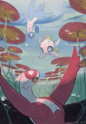 Rule 34 | blue eyes, bright pupils, celebi, claws, closed mouth, commentary request, creatures (company), eye contact, game freak, gen 2 pokemon, gen 3 pokemon, highres, latias, latios, leels, legendary pokemon, lily pad, looking at another, mythical pokemon, nintendo, no humans, pokemon, pokemon (creature), red eyes, smile, underwater, white pupils, yellow eyes