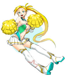 Rule 34 | 1girl, :d, bare shoulders, blonde hair, boots, breasts, calamity jane (fate), calamity jane (third ascension) (fate), cheerleader, cleavage, detached collar, earrings, elbow gloves, facial mark, facial tattoo, fate/grand order, fate (series), floating, full body, gloves, green eyes, green leotard, high heel boots, high heels, highleg, highleg leotard, jewelry, leotard, long hair, looking at viewer, miniskirt, navel, open mouth, pom pom (cheerleading), revealing clothes, sanyou, side ponytail, skirt, smile, solo, star (symbol), star facial mark, star tattoo, stomach tattoo, tattoo, thigh boots, thighhighs, white background, white footwear, white skirt, white thighhighs