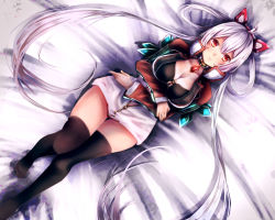 Rule 34 | 1girl, ahoge, bed, bed sheet, black thighhighs, blush, breasts, cleavage, collar, commentary request, crossed arms, dutch angle, en shu, from above, gem, hair between eyes, hair ornament, hair rings, hairband, halterneck, high collar, highres, jacket, large breasts, long hair, long sleeves, looking at viewer, lying, matoi (pso2), on back, phantasy star, phantasy star online 2, red eyes, red hairband, silver hair, solo, thighhighs, twintails, unzipped, very long hair, zipper