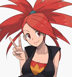 Rule 34 | 1girl, bandeau, black shirt, breasts, cleavage, closed mouth, commentary, creatures (company), eyelashes, flannery (pokemon), game freak, hand up, large breasts, long hair, looking at viewer, medium breasts, nintendo, plumsmoke, pokemon, pokemon oras, ponytail, red bandeau, red eyes, red hair, shirt, simple background, sleeveless, sleeveless shirt, smile, solo, tied shirt, v