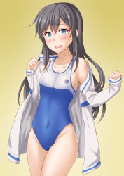 Rule 34 | 1girl, alternate costume, anti (untea9), asashio (kancolle), bare legs, black hair, blue eyes, blue one-piece swimsuit, blush, breasts, collarbone, covered navel, cowboy shot, embarrassed, gradient background, hair between eyes, high school fleet, highres, jacket, kantai collection, long hair, long sleeves, looking at viewer, new school swimsuit, one-piece swimsuit, school swimsuit, small breasts, solo, sweatdrop, swimsuit, swimsuit under clothes, twitter username, two-tone swimsuit, white jacket, white one-piece swimsuit, yellow background