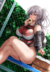 Rule 34 | 1girl, azur lane, black jacket, blush, breasts, butterfly hair ornament, commentary request, competition swimsuit, crossed legs, doughnut, dunkerque (azur lane), eating, fence, food, grey hair, hair ornament, highres, jacket, large breasts, long hair, looking at viewer, one-piece swimsuit, oriue wato, picnic basket, ponytail, purple eyes, sitting, solo, sweatdrop, swimsuit, thighs