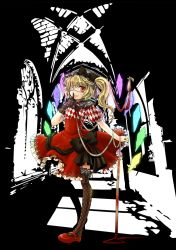 Rule 34 | 1girl, blonde hair, eyepatch, female focus, finger to mouth, flandre scarlet, gothic lolita, high contrast, highres, lolita fashion, partially colored, ponytail, red eyes, short hair, shushing, side ponytail, socha, solo, embodiment of scarlet devil, touhou, wings
