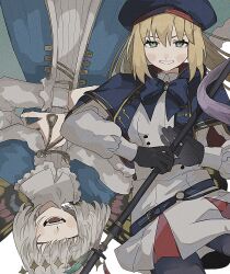 Rule 34 | 1boy, 1girl, arthropod boy, artoria caster (fate), artoria caster (second ascension) (fate), artoria pendragon (fate), belt, beret, black gloves, blonde hair, blue belt, blue cape, blue capelet, blue cloak, blush, butterfly wings, buttons, cape, capelet, cloak, crown, diamond hairband, double-breasted, dress, fate/grand order, fate (series), gloves, green eyes, grey hair, hat, highres, holding, holding staff, hood, hooded cape, insect wings, long hair, long sleeves, looking at viewer, marmyadose (fate), medium hair, multicolored cape, multicolored capelet, multicolored cloak, multicolored clothes, o-ring, o-ring belt, oberon (fate), open mouth, ornament, pantyhose, smile, staff, striped belt, syusyaku, twintails, wings