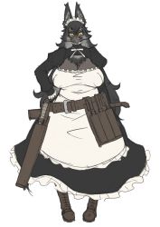 Rule 34 | 1girl, animal ears, apron, belt, black hair, boots, breasts, chest hair, cleavage, cleavage cutout, clothing cutout, colored skin, commentary request, fur, glasses, grey skin, grin, hand on own hip, highres, holster, huge breasts, jon henry nam, knife, long hair, maid, maid apron, maid headdress, mature female, monster girl, original, plump, sharp teeth, smile, solo, standing, teeth, werewolf, wolf ears, wolf girl, yellow eyes