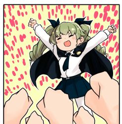 Rule 34 | 1girl, :d, anchovy (girls und panzer), anzio school uniform, arms up, barashiya, belt, black belt, black cape, black neckwear, black ribbon, black skirt, cape, clenched hands, closed eyes, commentary, crowd, dress shirt, drill hair, emblem, girls und panzer, green hair, hair ribbon, highres, long hair, long sleeves, miniskirt, necktie, open mouth, out of frame, pantyhose, pleated skirt, raised fist, ribbon, school uniform, shirt, skirt, smile, standing, twin drills, twintails, white pantyhose, white shirt