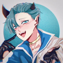 Rule 34 | 10s, 1boy, amy kiriwo, aqua background, aqua eyes, aqua hair, black gloves, blue shirt, blush, collar, collarbone, demon, earrings, facing away, fangs, finger to mouth, gloves, hair pulled back, half-closed eyes, hayashi kou, horns, jewelry, looking at viewer, mairimashita! iruma-kun, male focus, matching hair/eyes, mole, mole under eye, no eyewear, nose blush, open mouth, outstretched hand, pointy ears, portrait, shirt, smile, solo, teeth, tongue, tongue out, upper teeth only