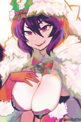 Rule 34 | 1girl, :d, bell, breasts, cleavage, fang, fur trim, gloves, hair between eyes, hat, ilya (christmas) (princess connect!), ilya (princess connect!), large breasts, looking at viewer, open mouth, princess connect!, purple eyes, purple hair, red gloves, santa hat, smile, solo, white hat, woofycakes