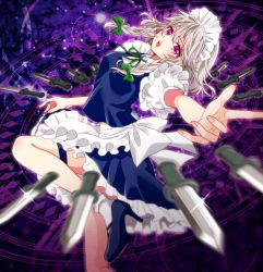 Rule 34 | 1girl, apron, blue footwear, blue skirt, blue vest, blurry, blurry foreground, blush, braid, breasts, commentary, depth of field, foot out of frame, foreshortening, frilled skirt, frills, glint, green ribbon, hair between eyes, hair ribbon, high heels, izayoi sakuya, knife, leg up, long hair, looking at viewer, maid apron, maid headdress, medium breasts, neck ribbon, okawa friend, open mouth, outstretched arm, puffy short sleeves, puffy sleeves, purple eyes, ribbon, shirt, short sleeves, side braids, silver hair, skirt, socks, solo, thigh strap, touhou, tress ribbon, twin braids, vest, white shirt, white socks