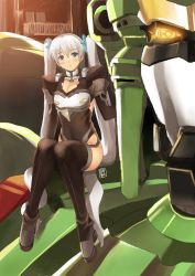 Rule 34 | 1girl, :o, ahoge, bad id, bad pixiv id, blue eyes, blush, breasts, cleavage, cleavage cutout, clothing cutout, garimpeiro, highres, long hair, looking up, mecha, robot, shoulder pads, silver hair, sitting, thighhighs, twintails, very long hair