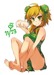 Rule 34 | 1girl, :q, ahoge, alternate costume, bad id, bad twitter id, baozi, bare legs, bare shoulders, barefoot, blonde hair, blush, breasts, bun cover, china dress, chinese clothes, dated, double bun, dress, dumpling, feet, female focus, food, full body, green eyes, hair bun, hoshii miki, idolmaster, idolmaster (classic), kusanagi tonbo, large breasts, legs, long hair, looking at viewer, simple background, sitting, soles, solo, toes, tongue, tongue out, white background