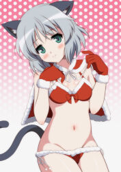 Rule 34 | 1girl, animal ears, bikini, blush, breasts, capelet, cat ears, cat girl, cat tail, christmas, commentary request, cowboy shot, gloves, gradient background, green eyes, grey hair, groin, hat, highres, isa (ni-iro), legs together, looking at viewer, lowleg, medium breasts, midriff, navel, pink background, polka dot, polka dot background, red bikini, red capelet, red gloves, santa bikini, santa costume, sanya v. litvyak, short hair, side-tie bikini bottom, small breasts, smile, solo, strike witches, swimsuit, tail, tareme, two-tone background, white background, world witches series