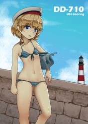 Rule 34 | 1girl, absurdres, bad id, bad pixiv id, bikini, bird, blue bikini, blue eyes, blue sky, braid, brick, brown hair, cannon, carrying, carrying under arm, character name, clenched hand, cloud, collarbone, contrapposto, day, front-tie bikini top, front-tie top, gearing (warship girls r), hair ornament, hat, head tilt, highres, lapels, lighthouse, looking at viewer, mayuan, open mouth, outdoors, peaked cap, peaked lapels, short hair, side braid, sky, slope, solo, standing, star-shaped pupils, star (symbol), star hair ornament, striped bikini, striped clothes, swimsuit, symbol-shaped pupils, warship girls r, white hat