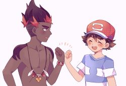 Rule 34 | 2boys, :d, ash ketchum, baseball cap, blush, brown hair, catsubun (kkst0904), closed eyes, collarbone, commentary request, creatures (company), dark-skinned male, dark skin, fist bump, game freak, hand up, hat, jewelry, kiawe (pokemon), male focus, multicolored hair, multiple boys, necklace, nintendo, open mouth, pokemon, pokemon (anime), pokemon sm (anime), red headwear, shirt, short hair, short sleeves, smile, striped clothes, striped shirt, t-shirt, teeth, tongue, topless male, upper body, upper teeth only