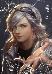 Rule 34 | 10s, 1boy, ash (ash1210), brown eyes, cdash817, fast, goggles, goggles on head, grey hair, grin, jacket, male focus, marvel, peter maximoff, pietro maximoff, quicksilver, realistic, smile, solo, water drop, x-men, x-men: days of future past