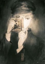 Rule 34 | 10s, 1boy, 2016, aiming, aiming at viewer, bad id, bad pixiv id, black jacket, blonde hair, camera, fabri, green eyes, grey background, hat, holding, jacket, long sleeves, looking at viewer, male focus, original, sepia, short hair, simple background, solo, taking picture, upper body